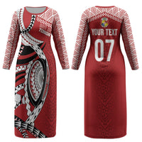 Mate Ma'a Tonga Rugby Custom Kupesi Motifs Couples Matching Long Sleeve Bodycon Dress and Hawaiian Shirt Red Waves LT7 - Polynesian Pride