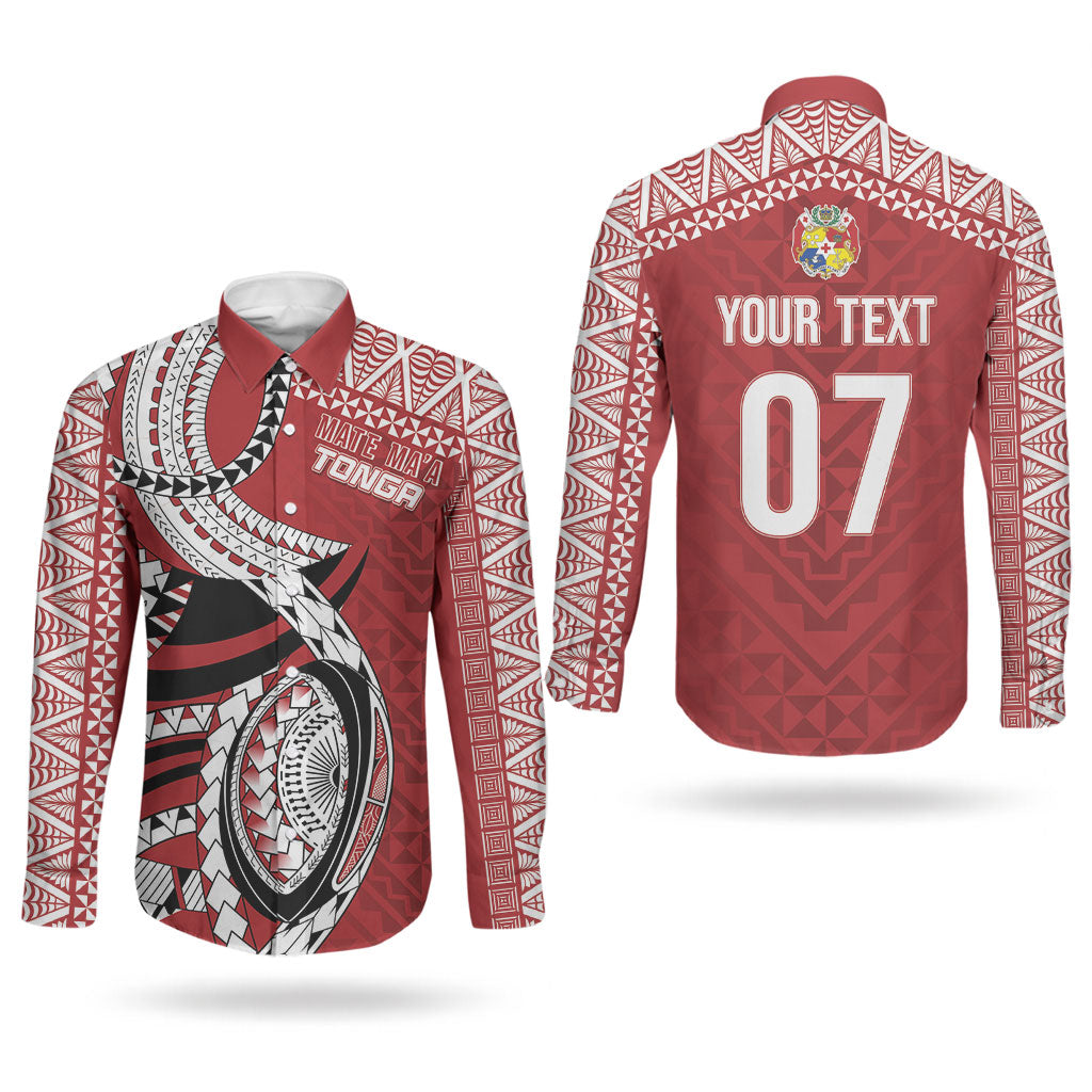 Mate Ma'a Tonga Rugby Custom Kupesi Motifs Couples Matching Short Sleeve Bodycon Dress and Long Sleeve Button Shirt Red Waves LT7 - Polynesian Pride