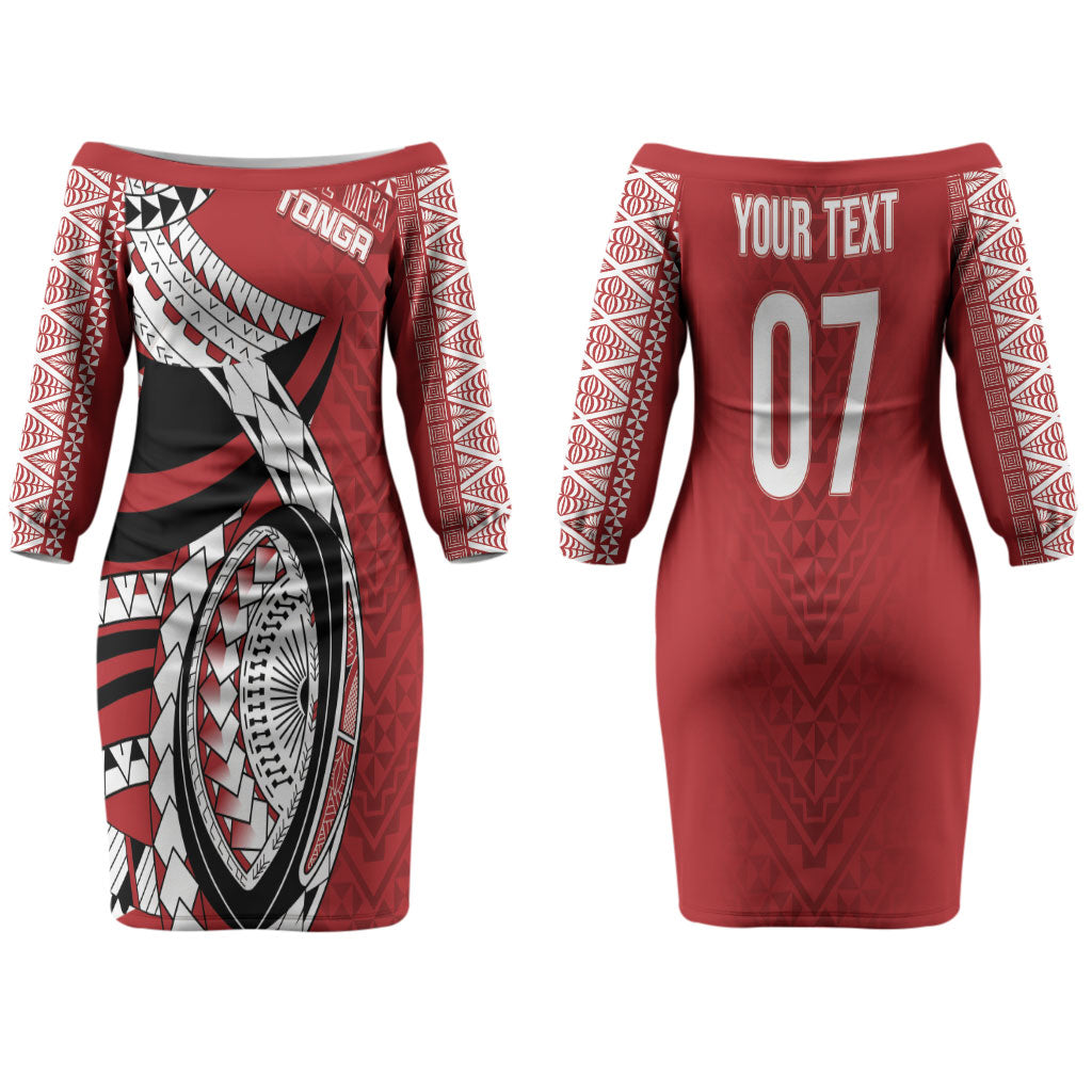 Mate Ma'a Tonga Rugby Custom Kupesi Motifs Family Matching Off The Shoulder Long Sleeve Dress and Hawaiian Shirt Red Waves LT7 Mom's Dress Red - Polynesian Pride