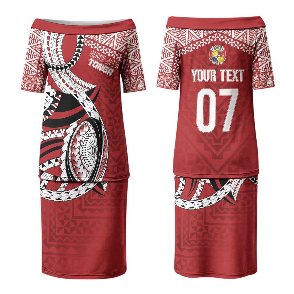 Mate Ma'a Tonga Rugby Custom Kupesi Motifs Family Matching Puletasi and Hawaiian Shirt Red Waves LT7 Mom's Dress Red - Polynesian Pride