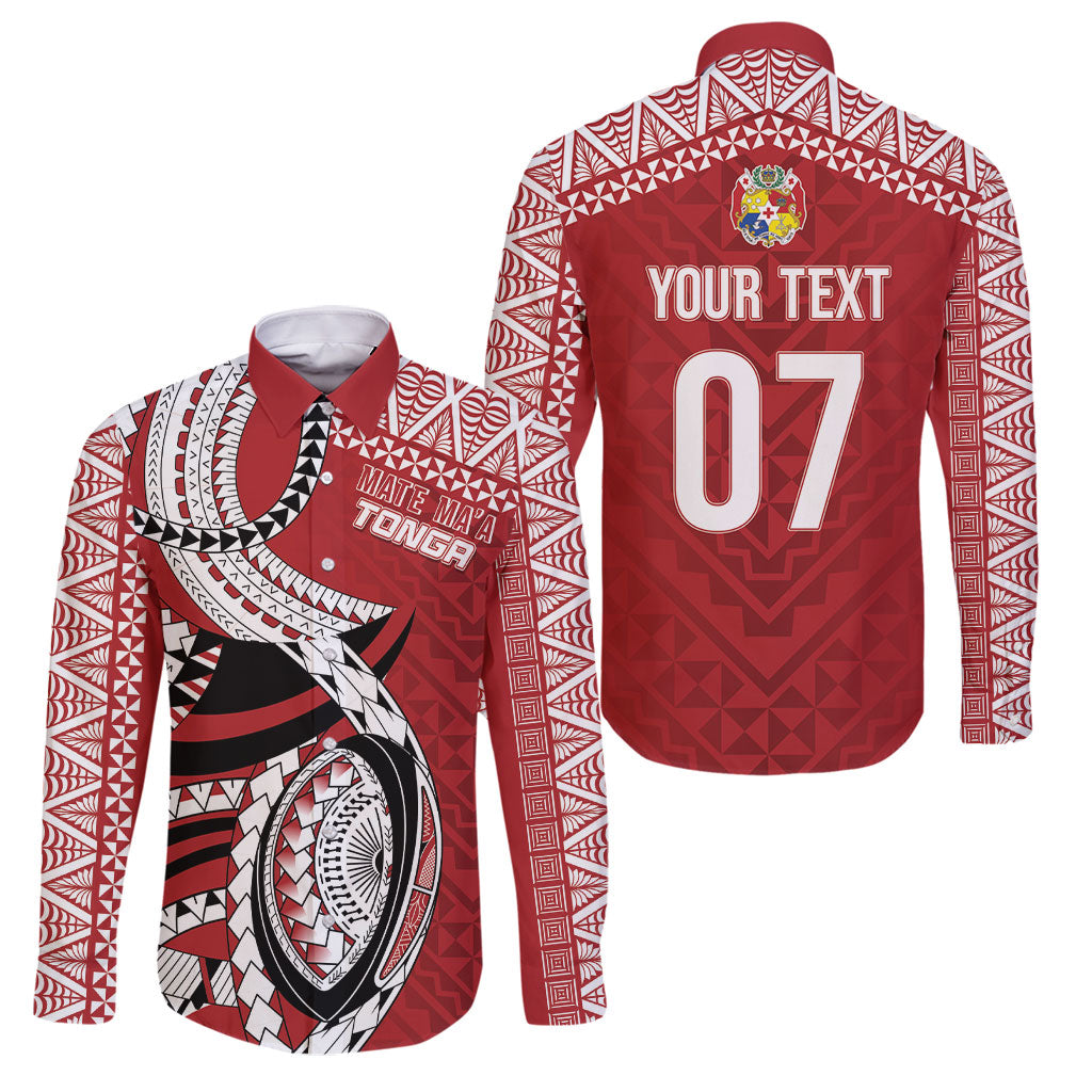 Mate Ma'a Tonga Rugby Custom Kupesi Motifs Family Matching Puletasi and Hawaiian Shirt Red Waves LT7 Dad's Shirt - Long Sleeve Red - Polynesian Pride