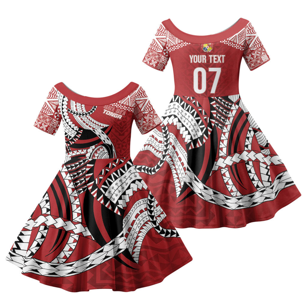 Mate Ma'a Tonga Rugby Custom Kupesi Motifs Family Matching Puletasi and Hawaiian Shirt Red Waves LT7 Daughter's Dress Red - Polynesian Pride