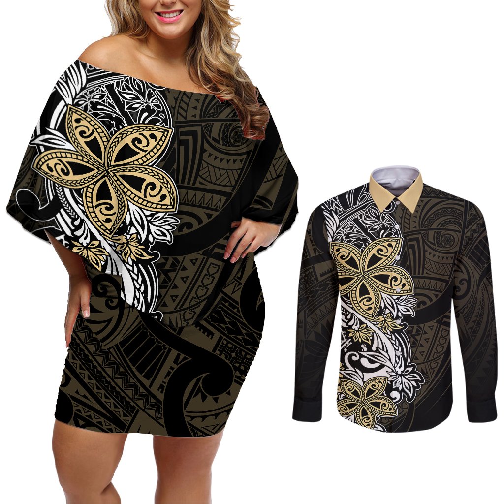 Polynesian Pride Couples Matching Off Shoulder Short Dress and Long Sleeve Button Shirts Tiare With Plumeria Mix Style LT7 Cream - Polynesian Pride