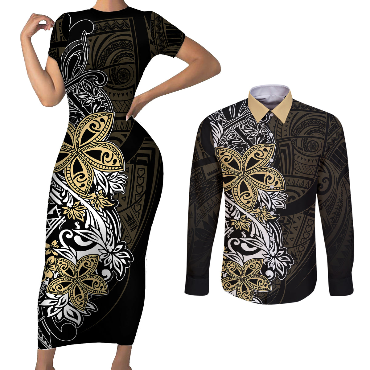 Polynesian Pride Couples Matching Short Sleeve Bodycon Dress and Long Sleeve Button Shirts Tiare With Plumeria Mix Style LT7 Cream - Polynesian Pride