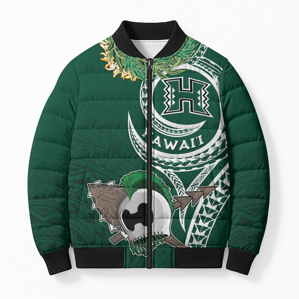 Hawaii Rainbow Warriors Alumni Personalized Bomber Puffer Jacket Ti Maile Lei - Glory For The Warriors LT7 Unisex Dark Green - Polynesian Pride