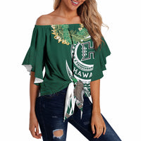 Hawaii Rainbow Warriors Alumni Personalized Off Shoulder Wrap Waist Top Ti Maile Lei - Glory For The Warriors LT7 Dark Green - Polynesian Pride