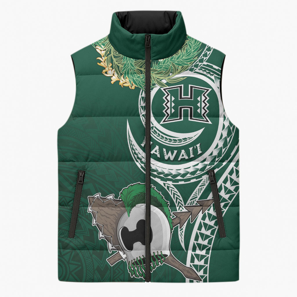 Hawaii Rainbow Warriors Alumni Personalized Sleeveless Puffer Jacket Ti Maile Lei - Glory For The Warriors LT7 Unisex Dark Green - Polynesian Pride
