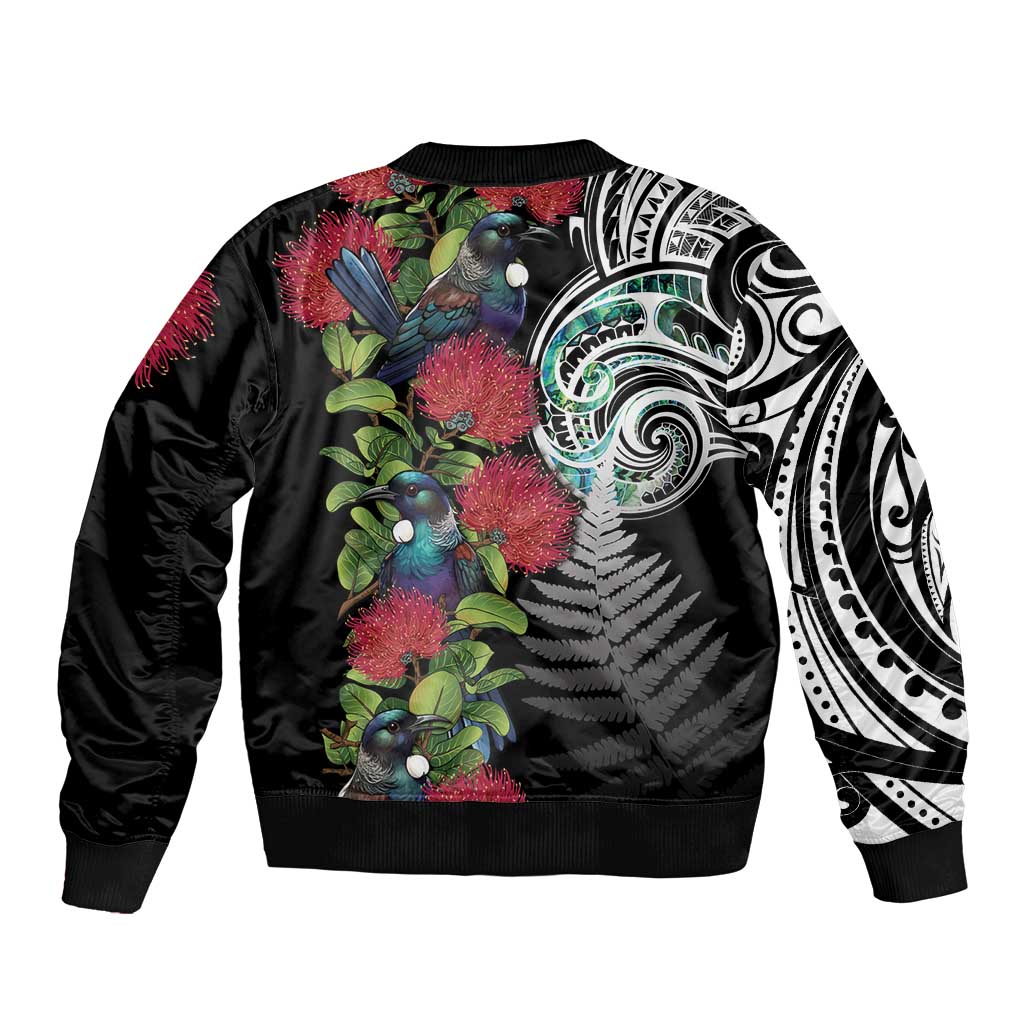 Meri Kirihimete New Zealand Bomber Jacket Tui on Pohutukawa