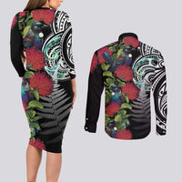 Meri Kirihimete New Zealand Couples Matching Long Sleeve Bodycon Dress and Long Sleeve Button Shirt Tui on Pohutukawa LT7 - Polynesian Pride