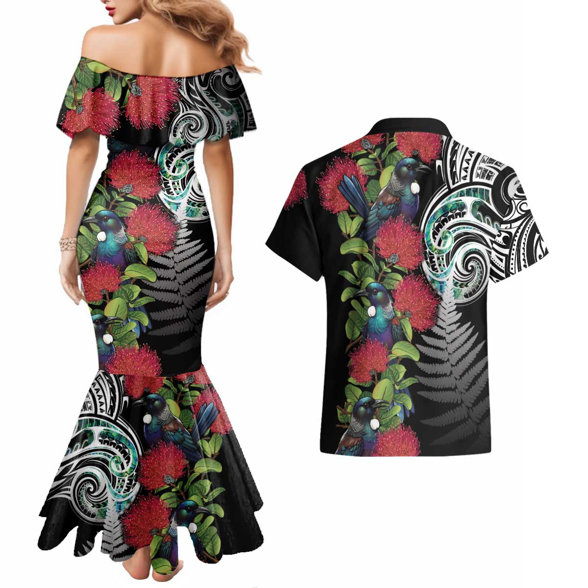 Meri Kirihimete New Zealand Couples Matching Mermaid Dress and Hawaiian Shirt Tui on Pohutukawa LT7 - Polynesian Pride