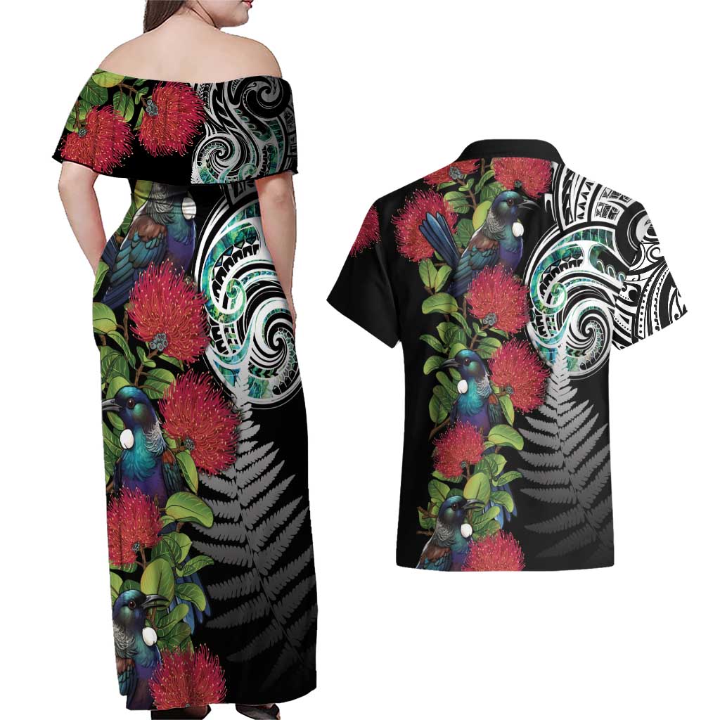 Meri Kirihimete New Zealand Couples Matching Off Shoulder Maxi Dress and Hawaiian Shirt Tui on Pohutukawa LT7 - Polynesian Pride