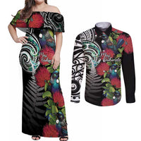 Meri Kirihimete New Zealand Couples Matching Off Shoulder Maxi Dress and Long Sleeve Button Shirt Tui on Pohutukawa LT7 Black - Polynesian Pride