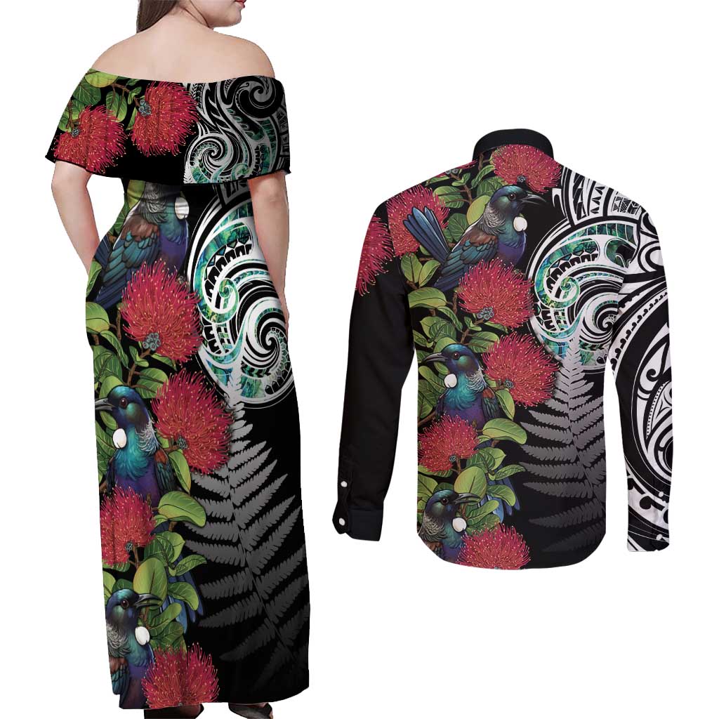 Meri Kirihimete New Zealand Couples Matching Off Shoulder Maxi Dress and Long Sleeve Button Shirt Tui on Pohutukawa LT7 - Polynesian Pride