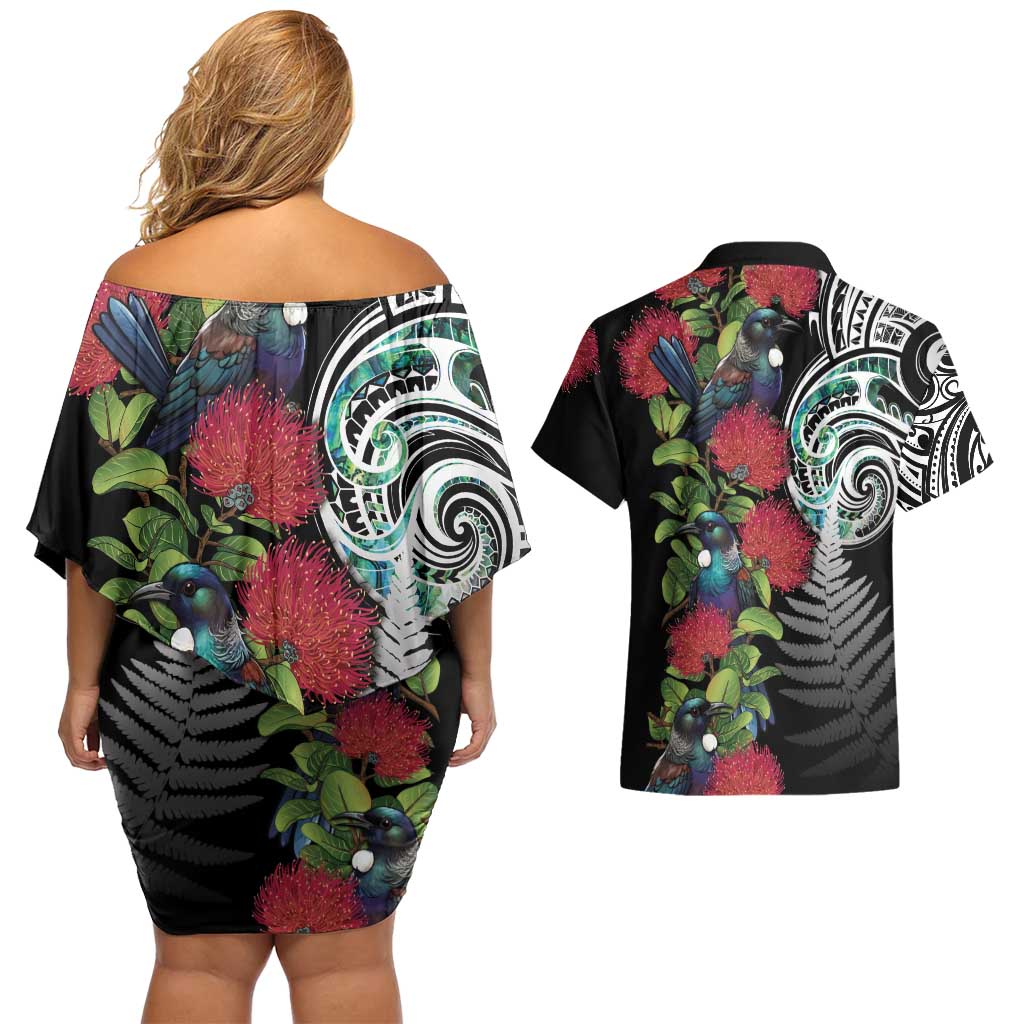 Meri Kirihimete New Zealand Couples Matching Off Shoulder Short Dress and Hawaiian Shirt Tui on Pohutukawa LT7 - Polynesian Pride