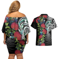 Meri Kirihimete New Zealand Couples Matching Off Shoulder Short Dress and Hawaiian Shirt Tui on Pohutukawa LT7 - Polynesian Pride