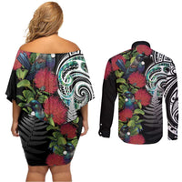 Meri Kirihimete New Zealand Couples Matching Off Shoulder Short Dress and Long Sleeve Button Shirt Tui on Pohutukawa LT7 - Polynesian Pride