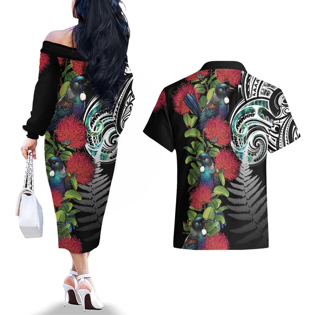 Meri Kirihimete New Zealand Couples Matching Off The Shoulder Long Sleeve Dress and Hawaiian Shirt Tui on Pohutukawa LT7 - Polynesian Pride