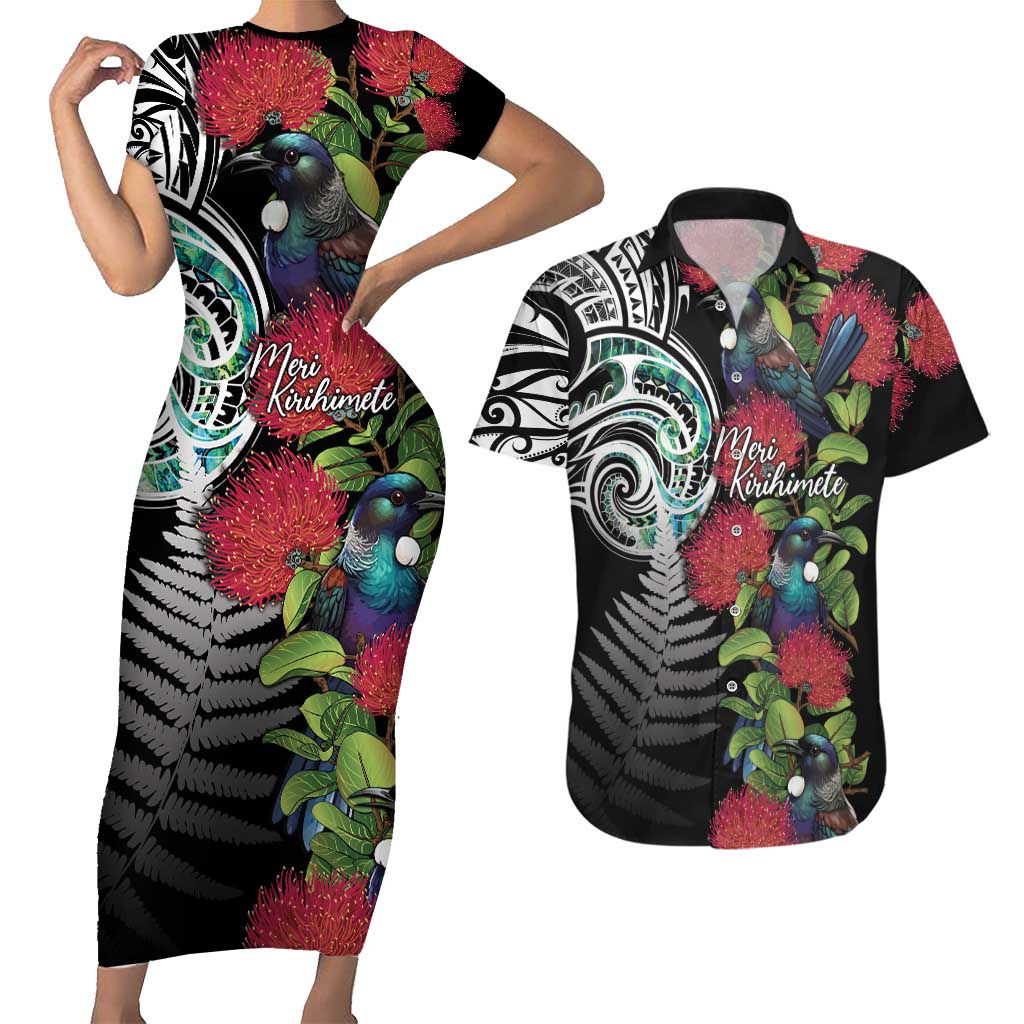Meri Kirihimete New Zealand Couples Matching Short Sleeve Bodycon Dress and Hawaiian Shirt Tui on Pohutukawa LT7 Black - Polynesian Pride