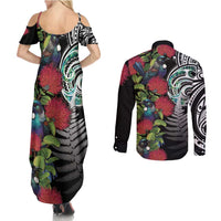 Meri Kirihimete New Zealand Couples Matching Summer Maxi Dress and Long Sleeve Button Shirt Tui on Pohutukawa LT7 - Polynesian Pride