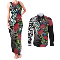 Meri Kirihimete New Zealand Couples Matching Tank Maxi Dress and Long Sleeve Button Shirt Tui on Pohutukawa LT7 Black - Polynesian Pride