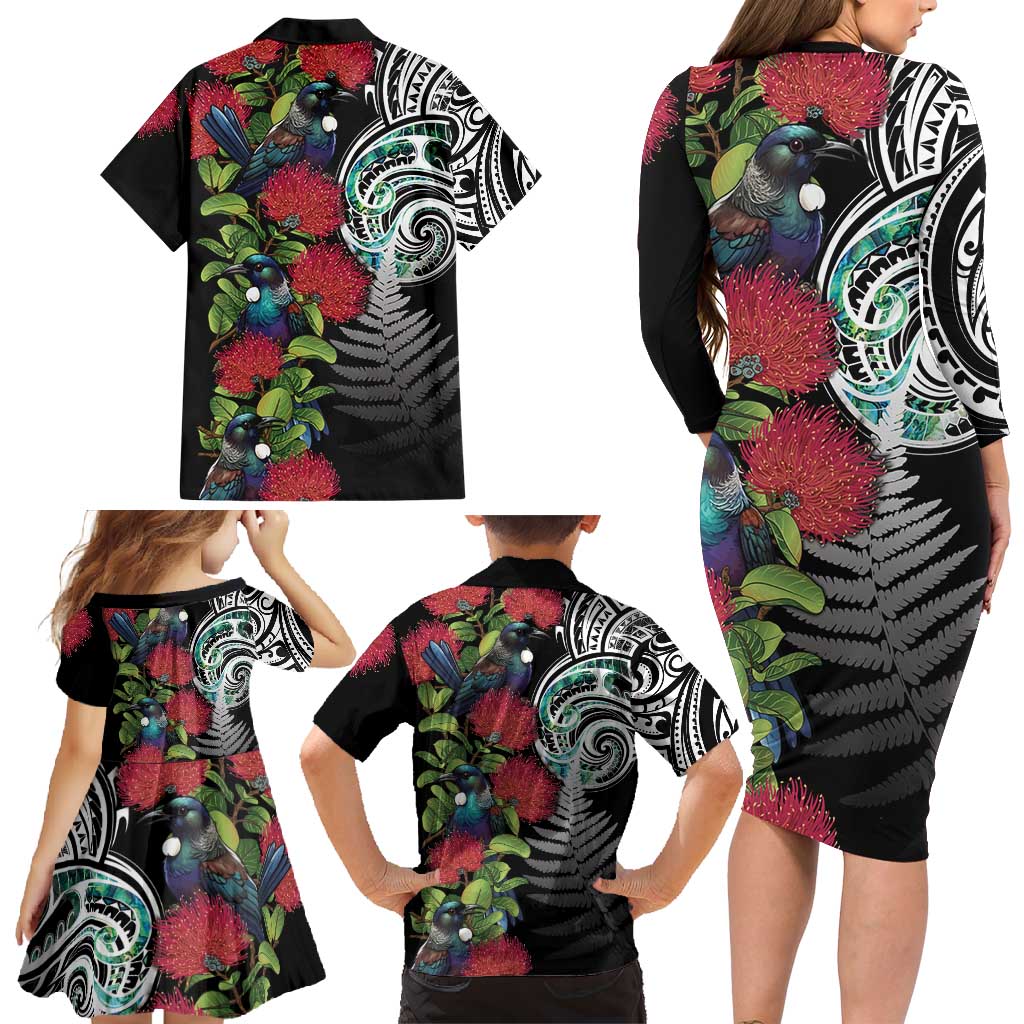 Meri Kirihimete New Zealand Family Matching Long Sleeve Bodycon Dress and Hawaiian Shirt Tui on Pohutukawa LT7 - Polynesian Pride