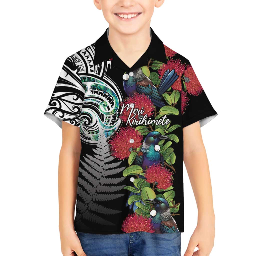 Meri Kirihimete New Zealand Family Matching Long Sleeve Bodycon Dress and Hawaiian Shirt Tui on Pohutukawa LT7 Son's Shirt Black - Polynesian Pride