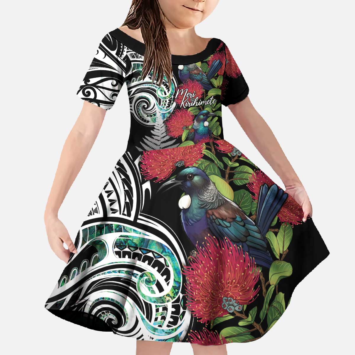 Meri Kirihimete New Zealand Family Matching Off The Shoulder Long Sleeve Dress and Hawaiian Shirt Tui on Pohutukawa LT7 Daughter's Dress Black - Polynesian Pride