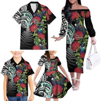 Meri Kirihimete New Zealand Family Matching Off The Shoulder Long Sleeve Dress and Hawaiian Shirt Tui on Pohutukawa LT7 - Polynesian Pride