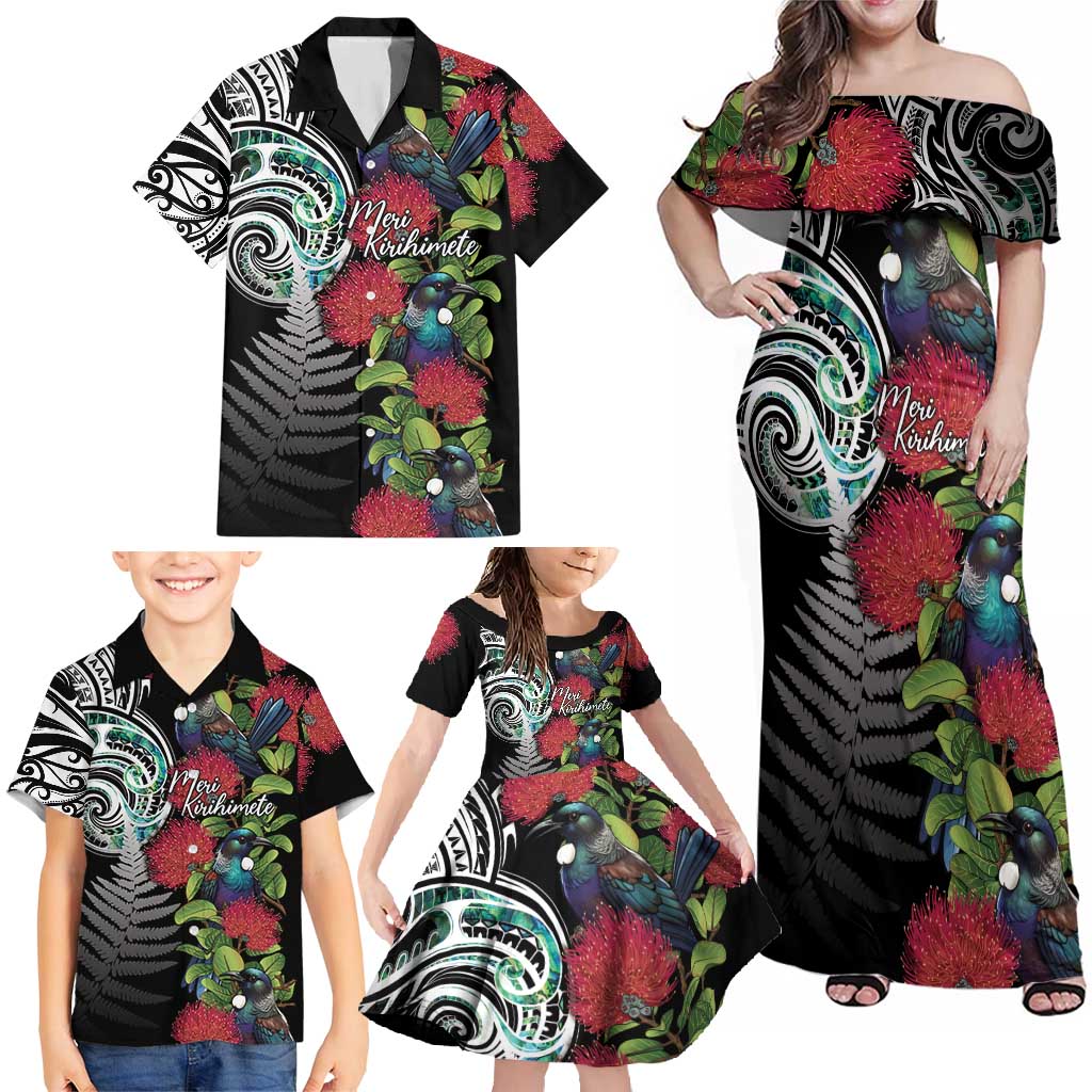 Meri Kirihimete New Zealand Family Matching Off Shoulder Maxi Dress and Hawaiian Shirt Tui on Pohutukawa LT7 - Polynesian Pride
