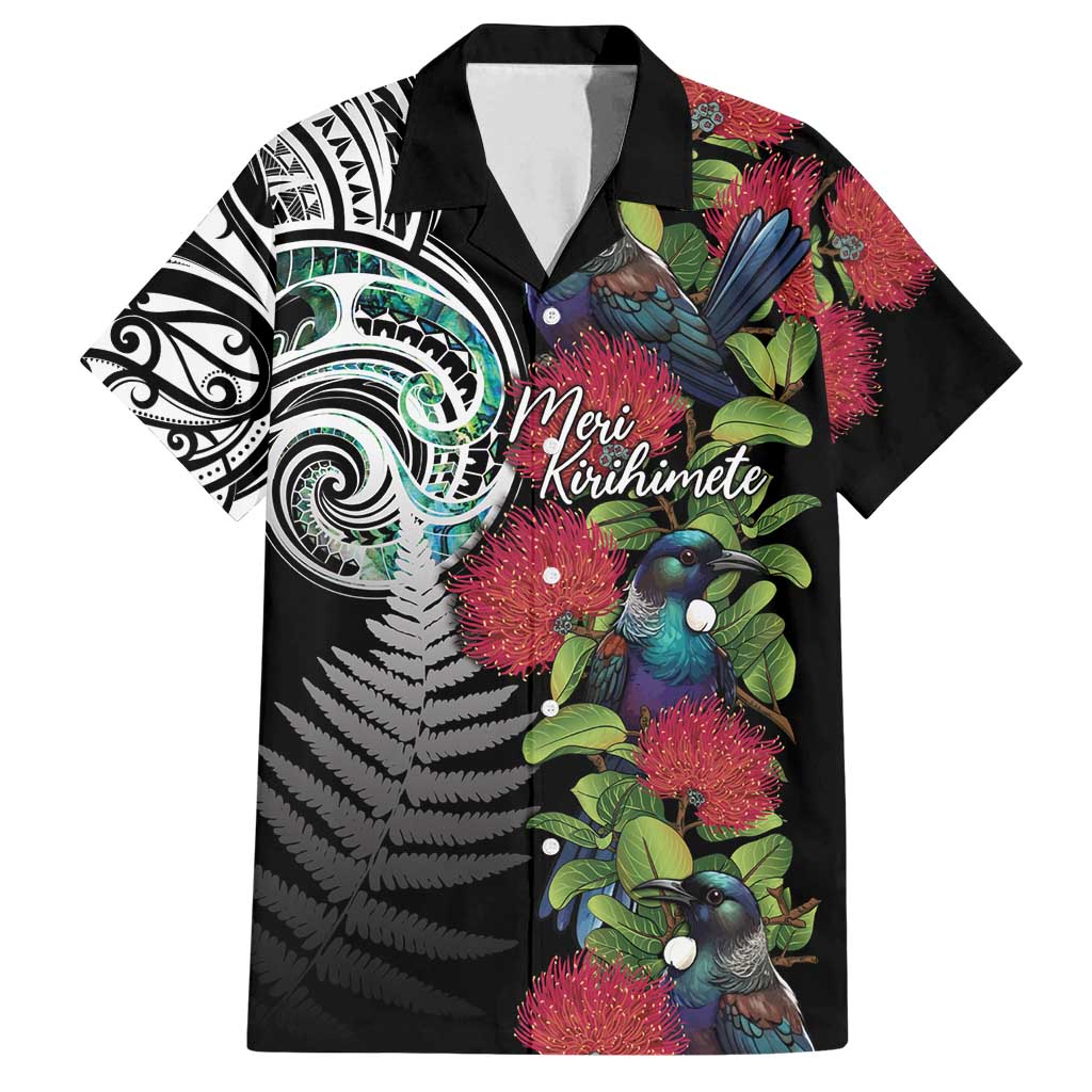 Meri Kirihimete New Zealand Family Matching Off Shoulder Maxi Dress and Hawaiian Shirt Tui on Pohutukawa LT7 Dad's Shirt - Short Sleeve Black - Polynesian Pride