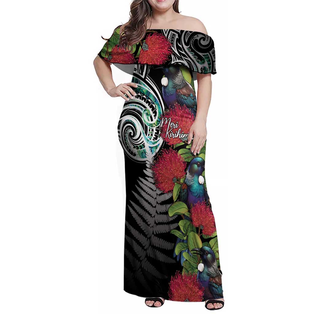 Meri Kirihimete New Zealand Family Matching Off Shoulder Maxi Dress and Hawaiian Shirt Tui on Pohutukawa LT7 Mom's Dress Black - Polynesian Pride