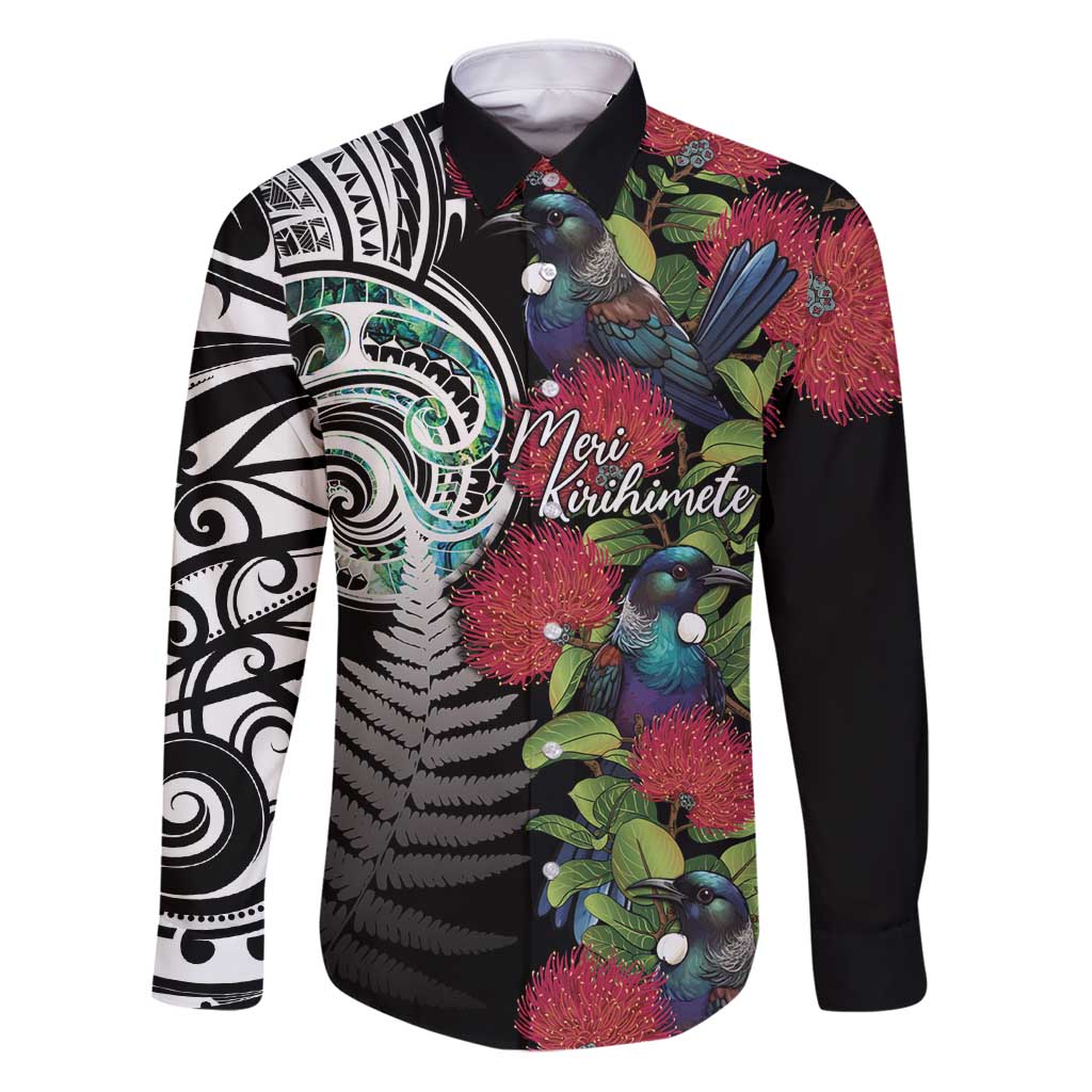 Meri Kirihimete New Zealand Family Matching Puletasi and Hawaiian Shirt Tui on Pohutukawa LT7 Dad's Shirt - Long Sleeve Black - Polynesian Pride