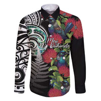 Meri Kirihimete New Zealand Family Matching Puletasi and Hawaiian Shirt Tui on Pohutukawa LT7 Dad's Shirt - Long Sleeve Black - Polynesian Pride