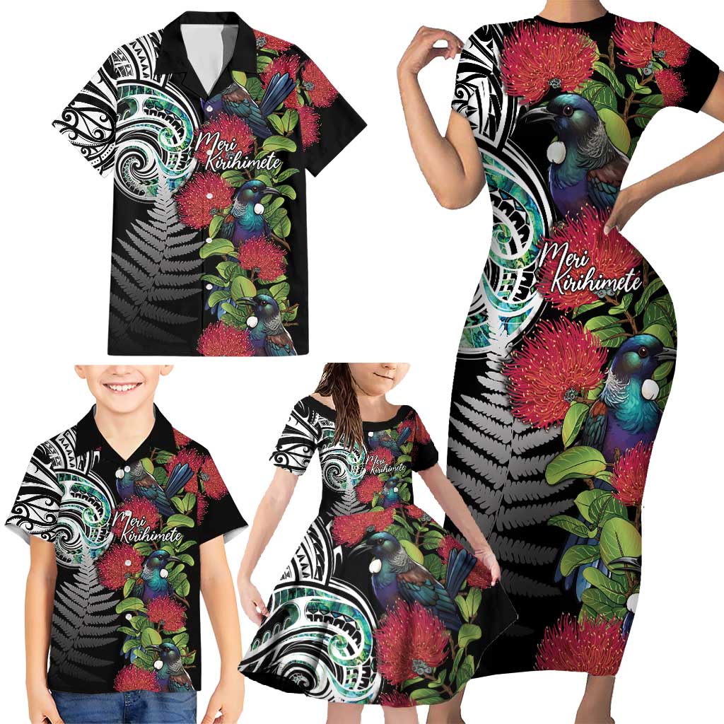Meri Kirihimete New Zealand Family Matching Short Sleeve Bodycon Dress and Hawaiian Shirt Tui on Pohutukawa LT7 - Polynesian Pride