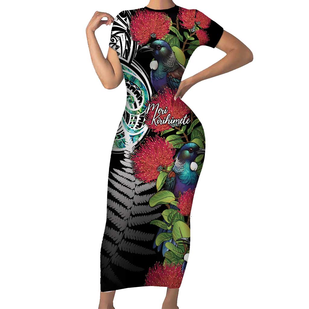 Meri Kirihimete New Zealand Family Matching Short Sleeve Bodycon Dress and Hawaiian Shirt Tui on Pohutukawa LT7 Mom's Dress Black - Polynesian Pride