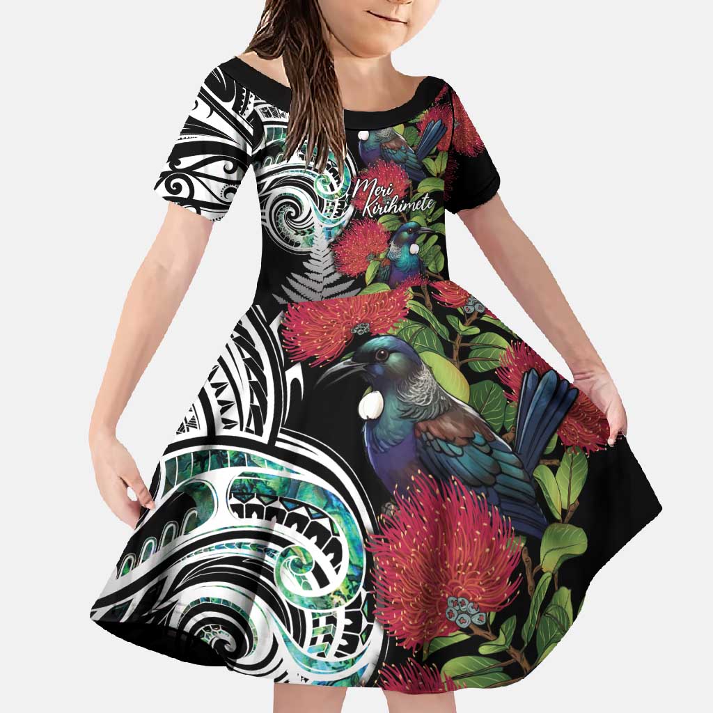 Meri Kirihimete New Zealand Family Matching Tank Maxi Dress and Hawaiian Shirt Tui on Pohutukawa LT7 Daughter's Dress Black - Polynesian Pride