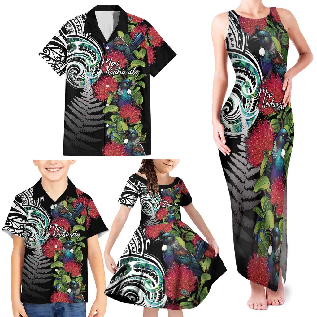 Meri Kirihimete New Zealand Family Matching Tank Maxi Dress and Hawaiian Shirt Tui on Pohutukawa LT7 - Polynesian Pride