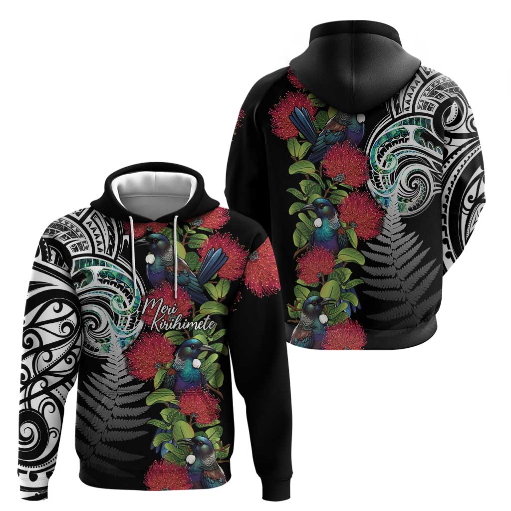 Meri Kirihimete New Zealand Hoodie Tui on Pohutukawa