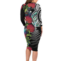 Meri Kirihimete New Zealand Long Sleeve Bodycon Dress Tui on Pohutukawa LT7 - Polynesian Pride