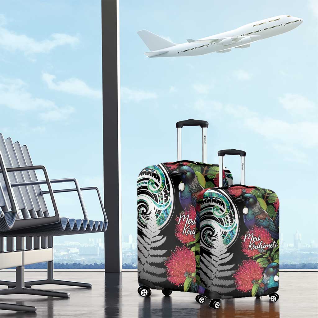 Meri Kirihimete New Zealand Luggage Cover Tui on Pohutukawa