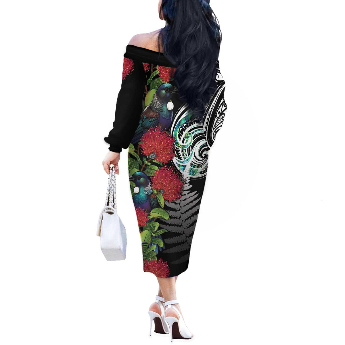 Meri Kirihimete New Zealand Off The Shoulder Long Sleeve Dress Tui on Pohutukawa LT7 - Polynesian Pride