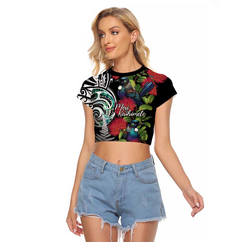 Meri Kirihimete New Zealand Raglan Cropped T Shirt Tui on Pohutukawa