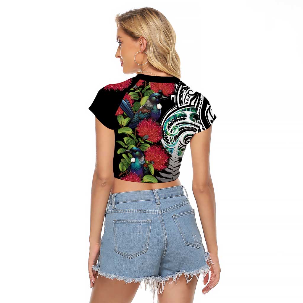 Meri Kirihimete New Zealand Raglan Cropped T Shirt Tui on Pohutukawa