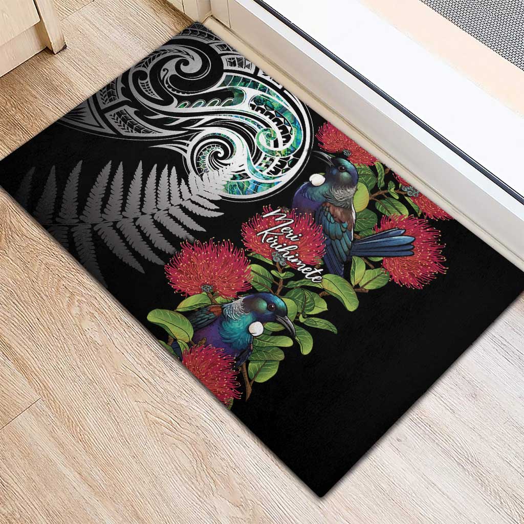 Meri Kirihimete New Zealand Rubber Doormat Tui on Pohutukawa