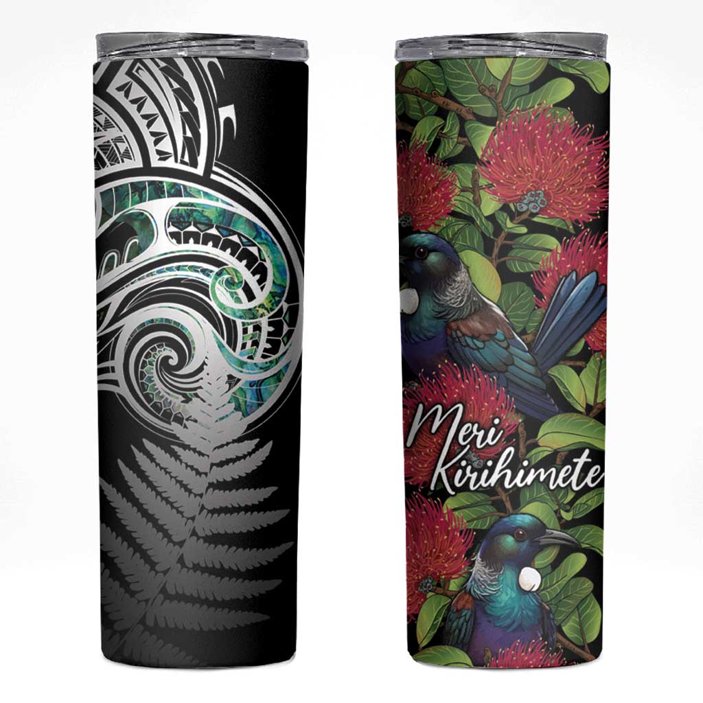 Meri Kirihimete New Zealand Skinny Tumbler Tui on Pohutukawa LT7 Black - Polynesian Pride