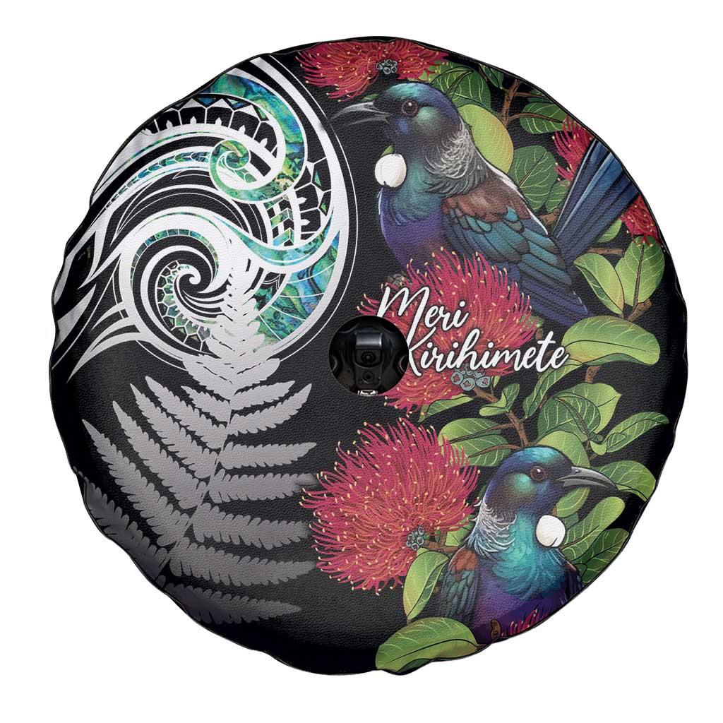Meri Kirihimete New Zealand Spare Tire Cover Tui on Pohutukawa