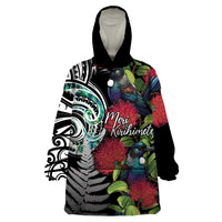Meri Kirihimete New Zealand Wearable Blanket Hoodie Tui on Pohutukawa LT7 One Size Black - Polynesian Pride