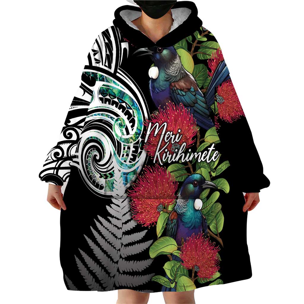 Meri Kirihimete New Zealand Wearable Blanket Hoodie Tui on Pohutukawa LT7 - Polynesian Pride