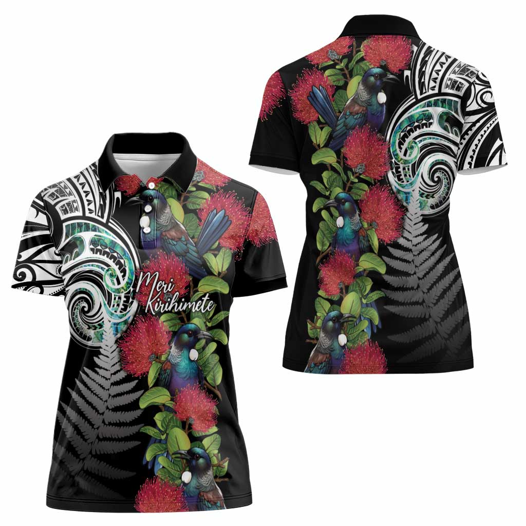 Meri Kirihimete New Zealand Women Polo Shirt Tui on Pohutukawa LT7 - Polynesian Pride