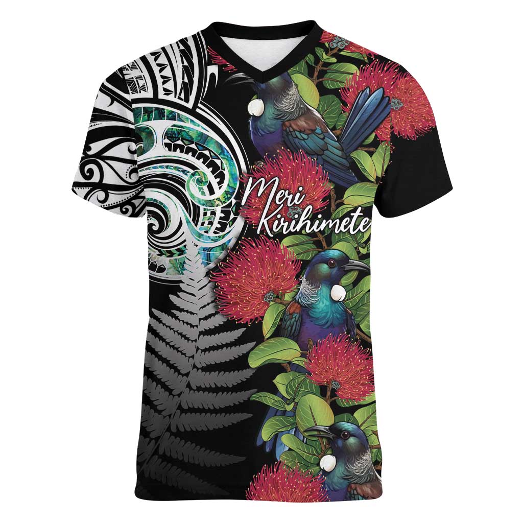 Meri Kirihimete New Zealand Women V-Neck T-Shirt Tui on Pohutukawa
